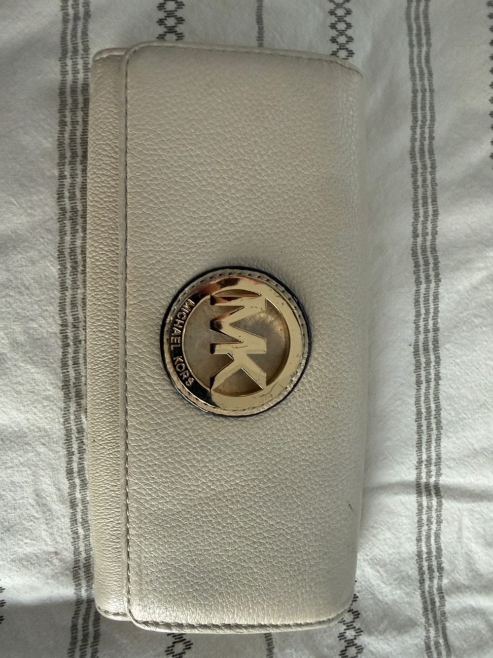 Michael Kors Cream Pebbled Leather Wallet with Gold MK Emblem